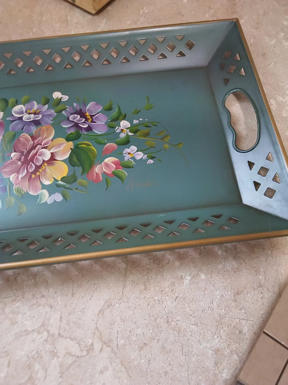 1950's Nashco Metal Hand-Painted Tole Floral Serving Tray - Teal Green